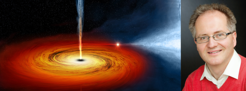 Illustrasjon av et sort hull og foto av Knut Jørgen Røed Ødegaard