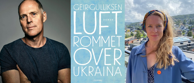 Collage met fotografier av Geir Gulliksen, hans bok luftrommet over Ukraina og Anne Gru Gudmundsdotter